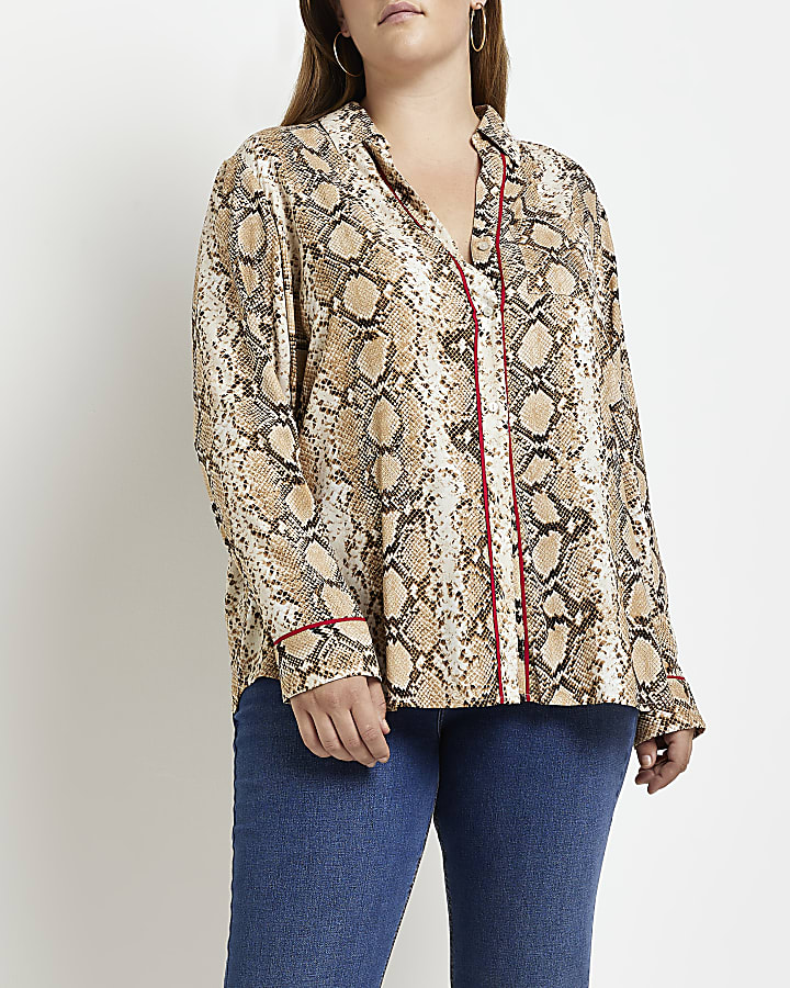 Plus beige animal print long sleeve shirt