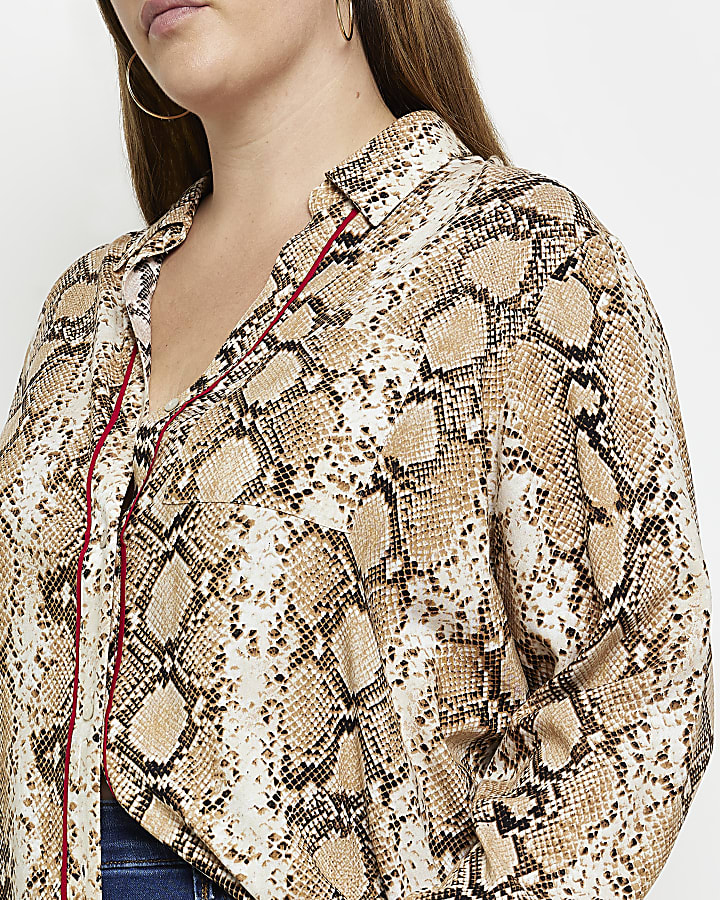 Plus beige animal print long sleeve shirt