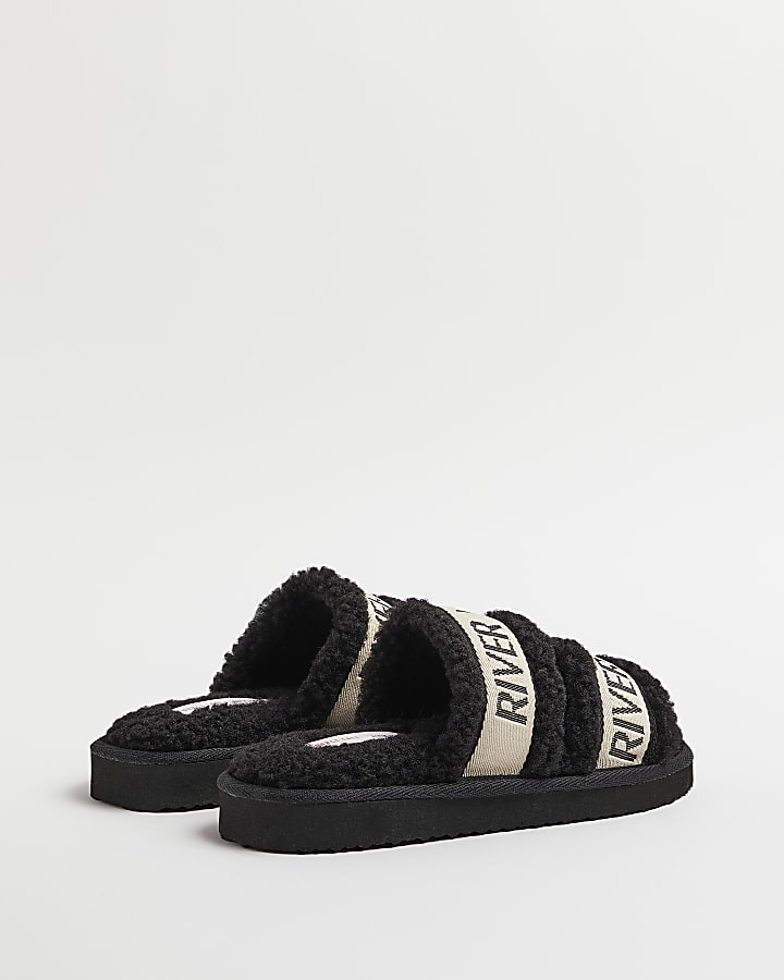 Black borg double strap slippers