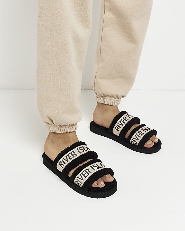 Black borg double strap slippers