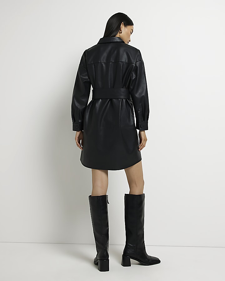 Black faux leather mini shirt dress