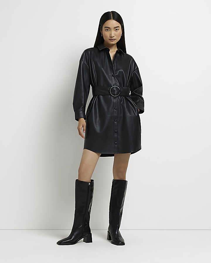 Black faux leather mini shirt dress