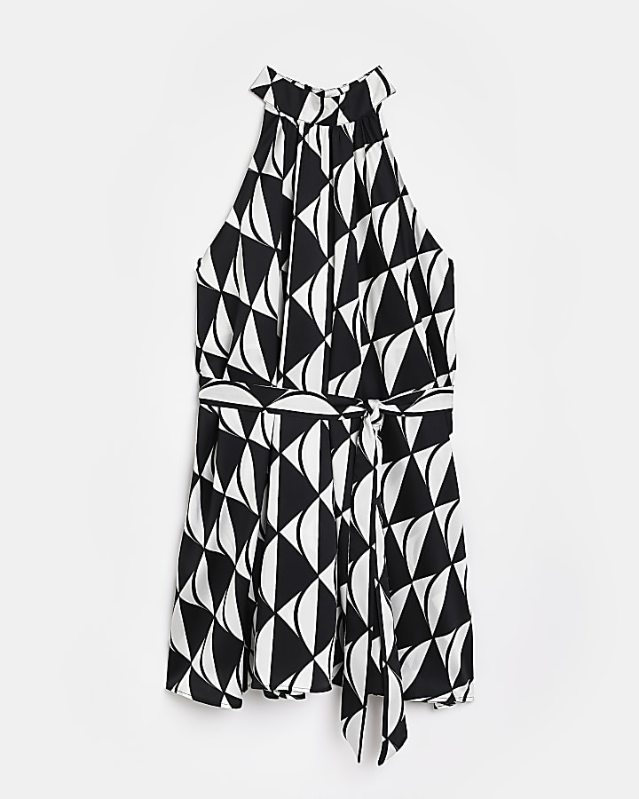 Petite black satin printed mini dress