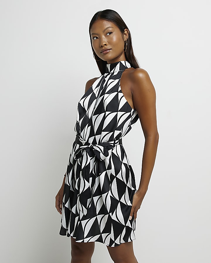 Petite black satin printed mini dress