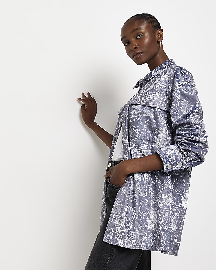 Grey velvet animal print shacket