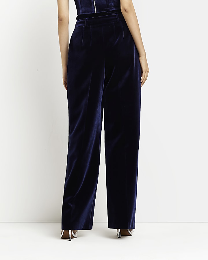 Navy velvet mid rise wide leg trousers