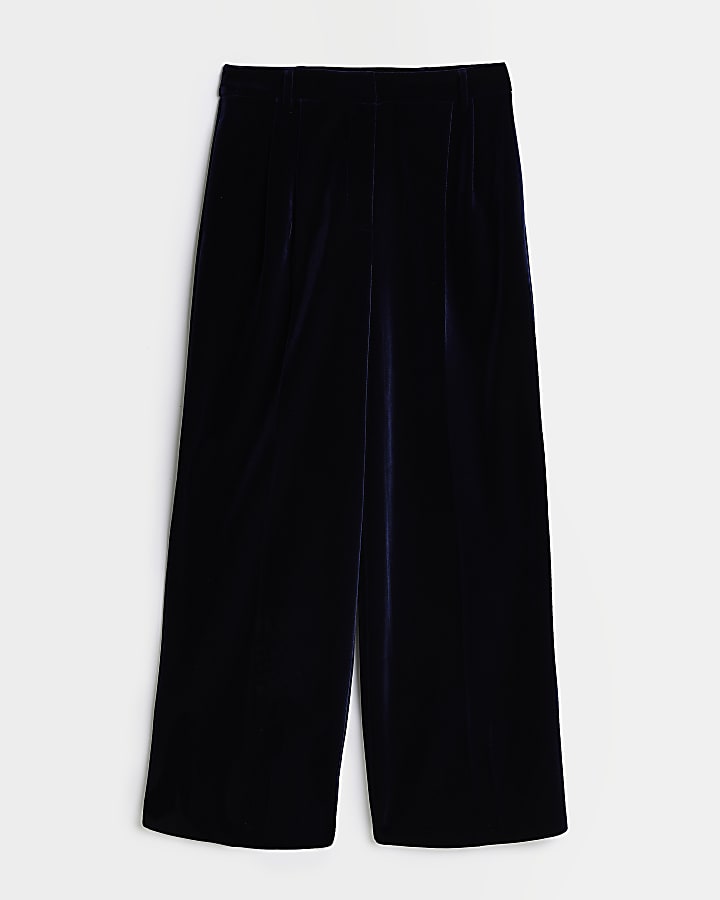 Navy velvet mid rise wide leg trousers