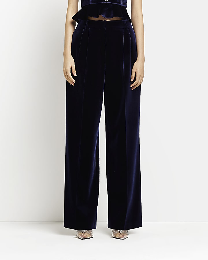 Navy velvet mid rise wide leg trousers