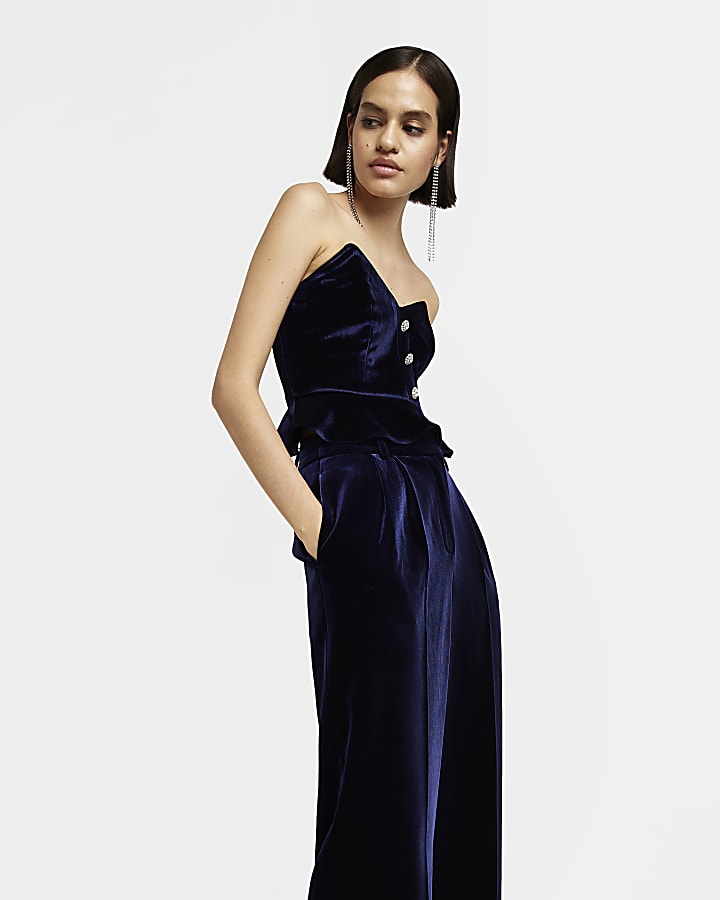 Navy velvet mid rise wide leg trousers