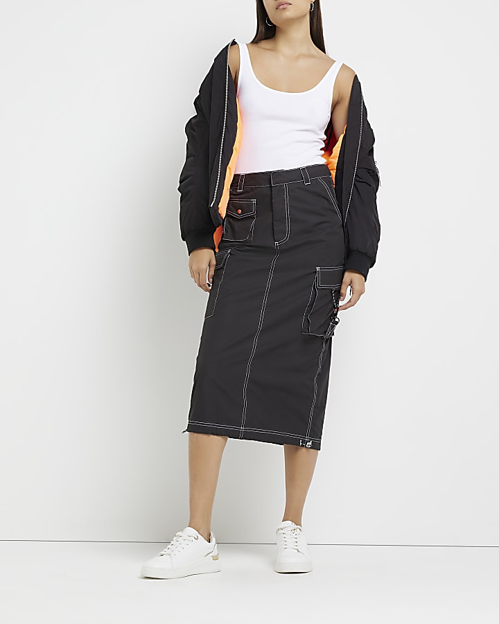 Black denim midi skirt river island hotsell
