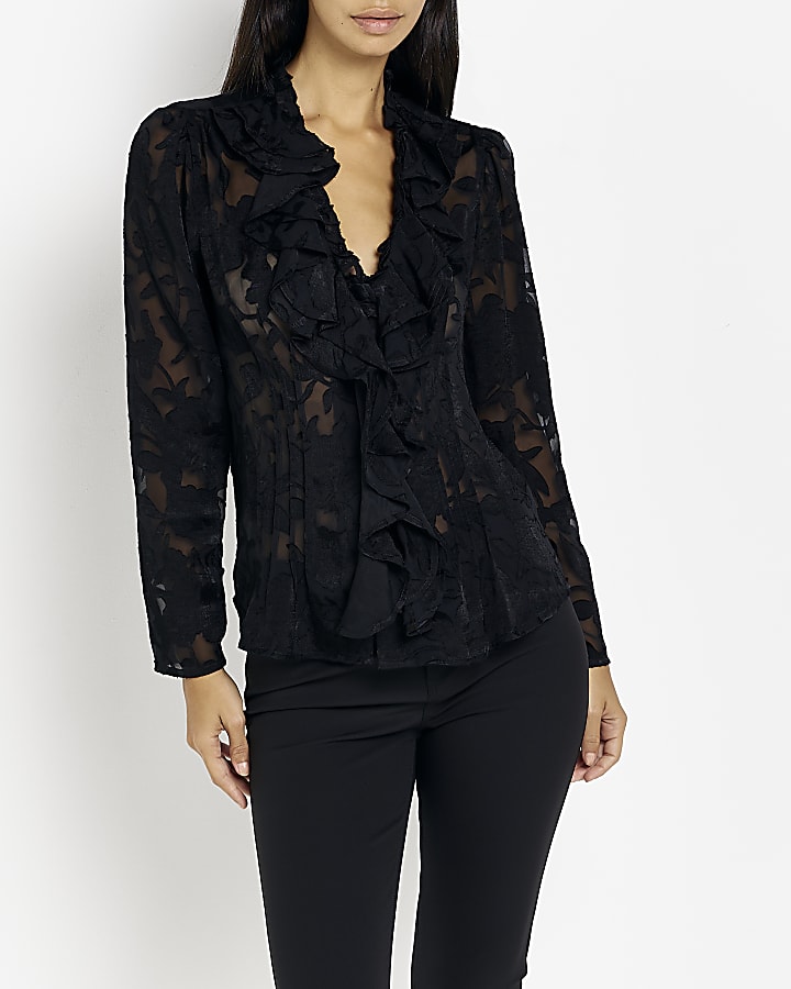 Black floral frill long sleeve blouse