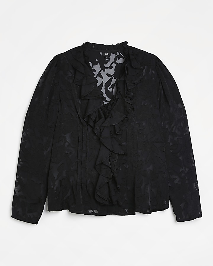 Black floral frill long sleeve blouse