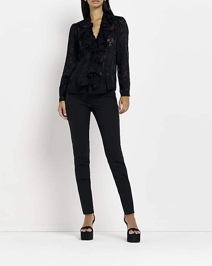 Black floral frill long sleeve blouse