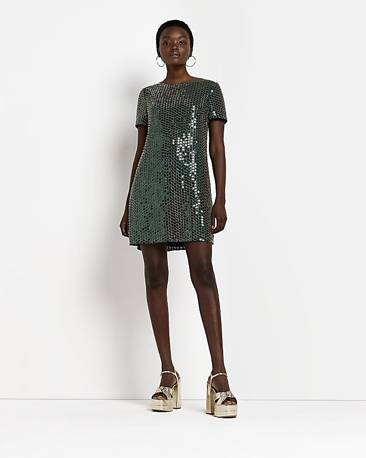 Green sequin mini shift dress River Island