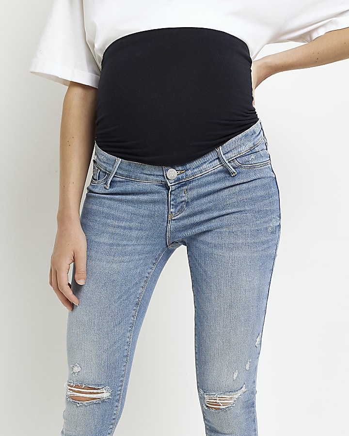 Blue mid rise maternity ripped skinny jeans