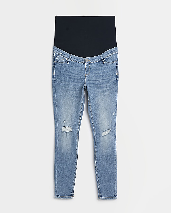 Blue mid rise maternity ripped skinny jeans