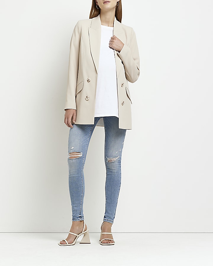 Blue mid rise maternity ripped skinny jeans