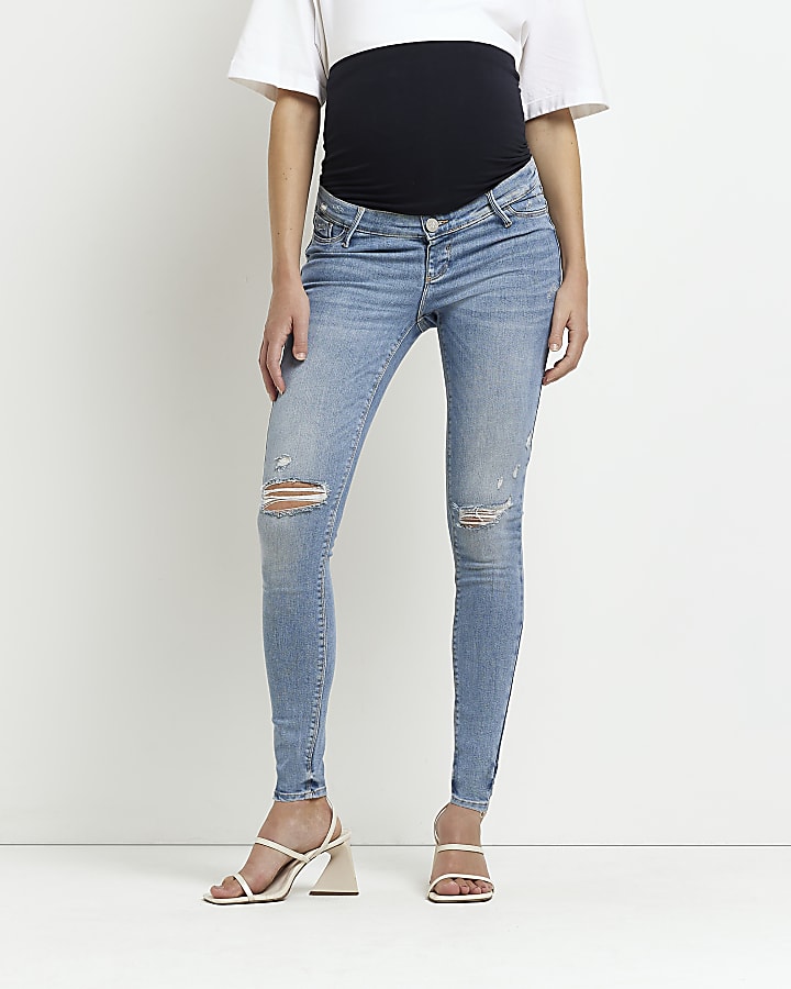 Blue mid rise maternity ripped skinny jeans