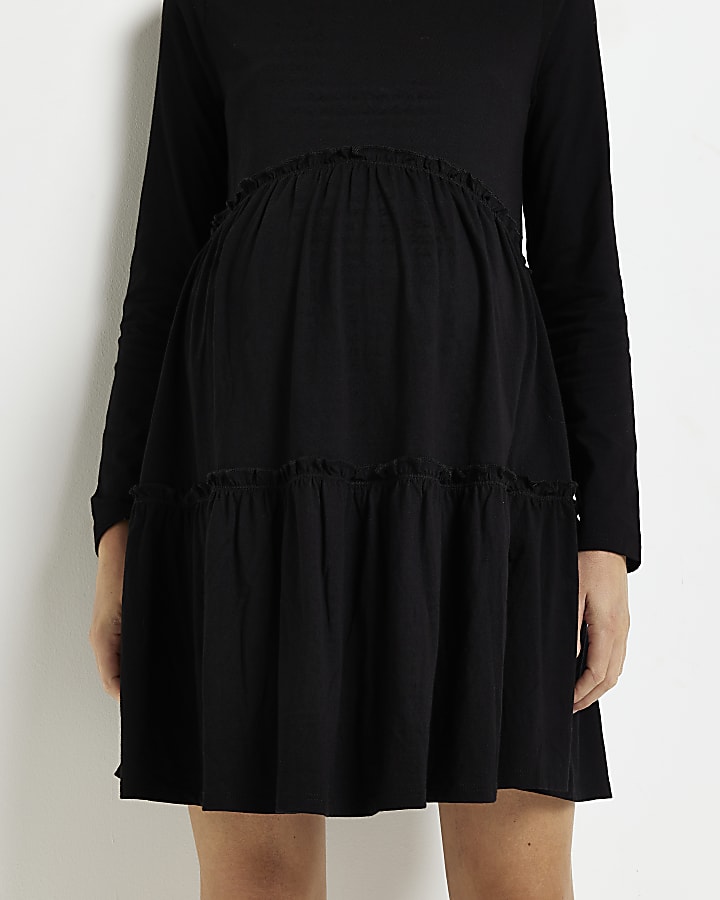 Maternity black long sleeve frill mini dress