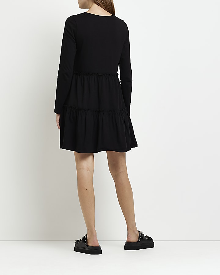 Maternity black long sleeve frill mini dress