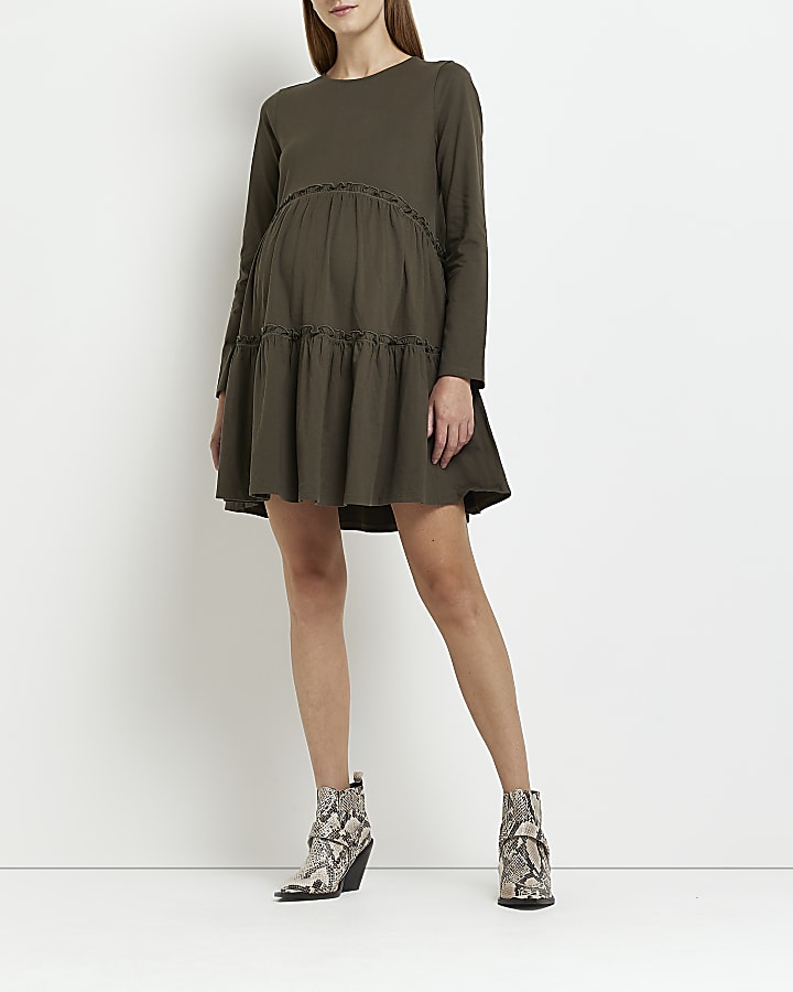Maternity khaki long sleeve frill mini dress