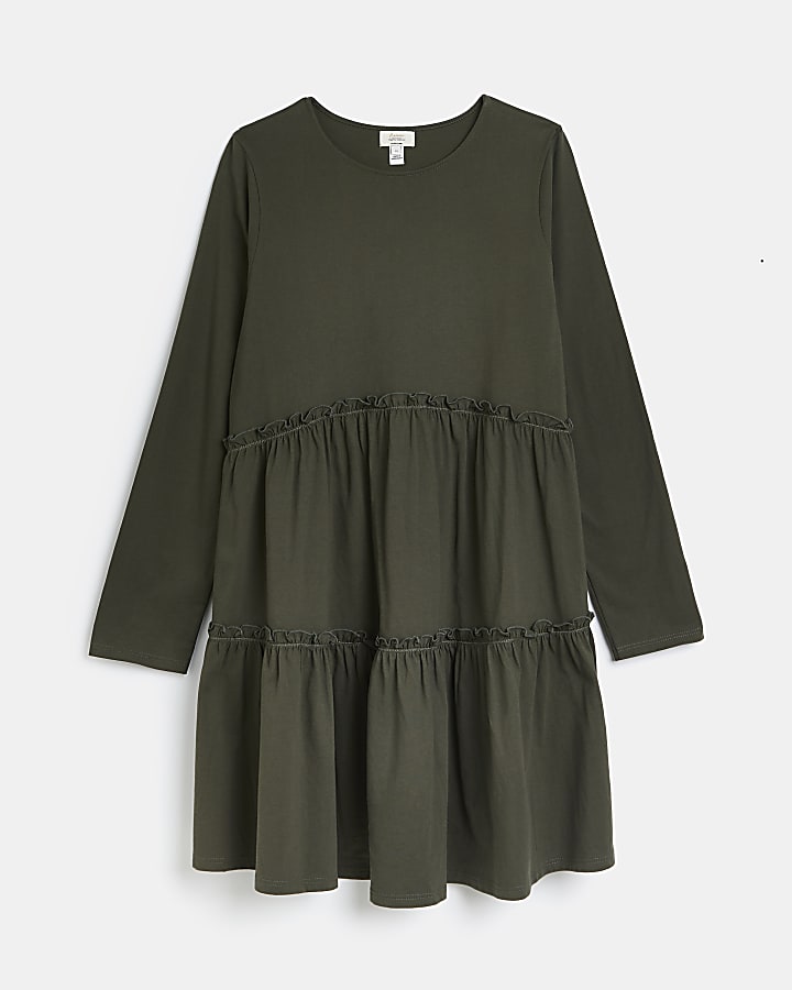 Maternity khaki long sleeve frill mini dress
