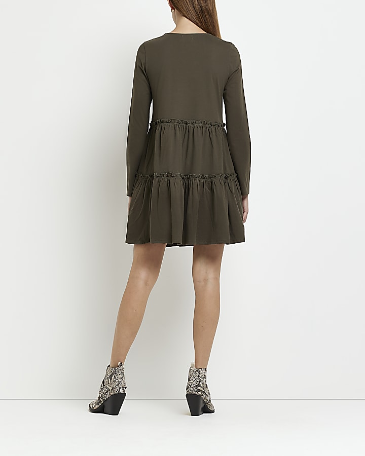 Maternity khaki long sleeve frill mini dress