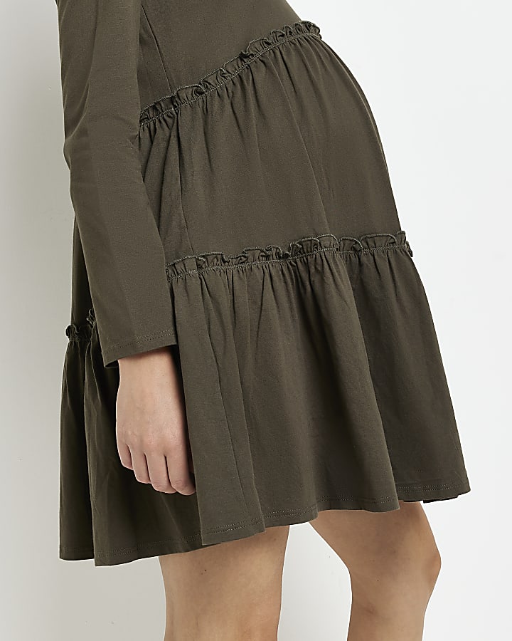 Maternity khaki long sleeve frill mini dress