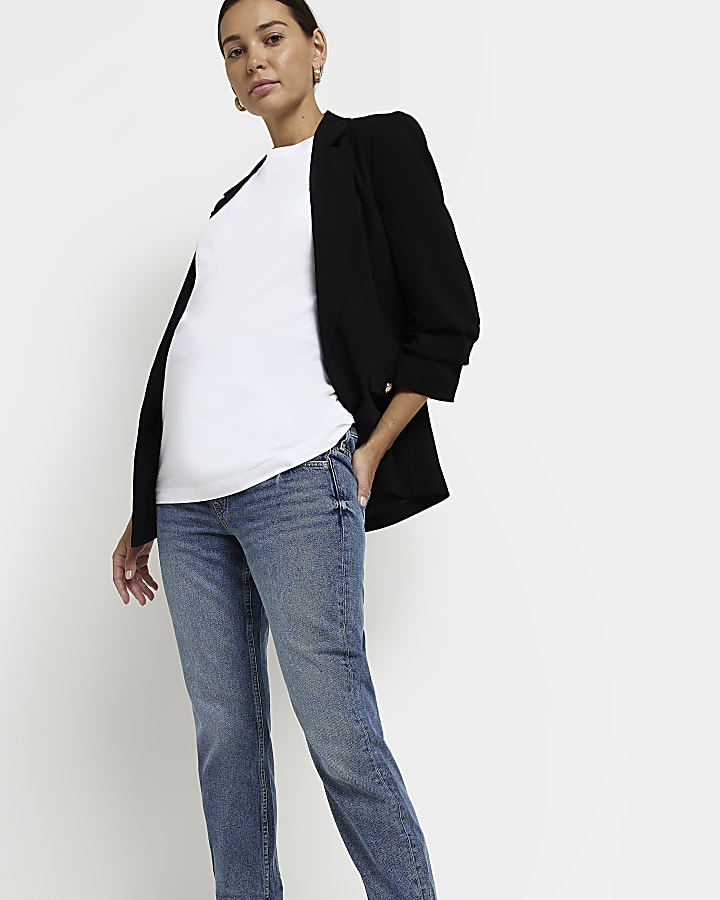 Blue mid rise maternity mom jeans