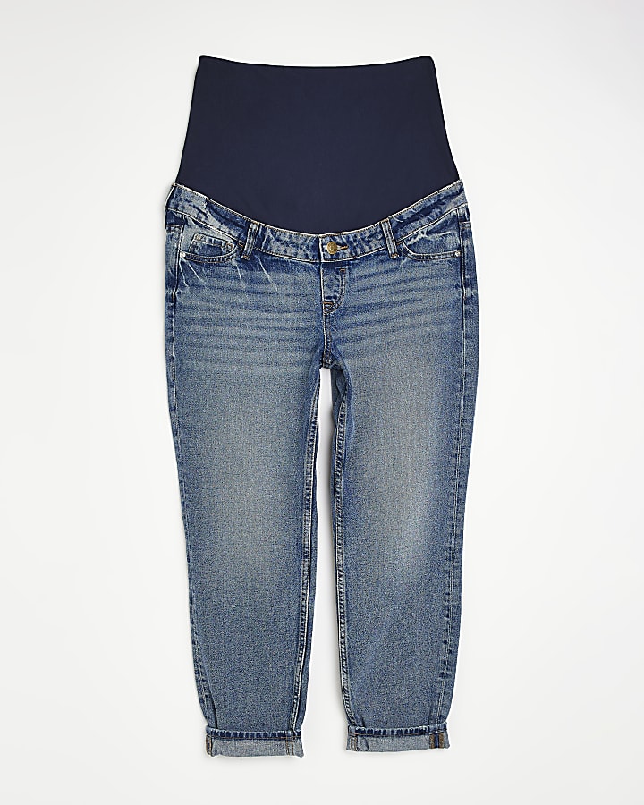 Blue mid rise maternity mom jeans