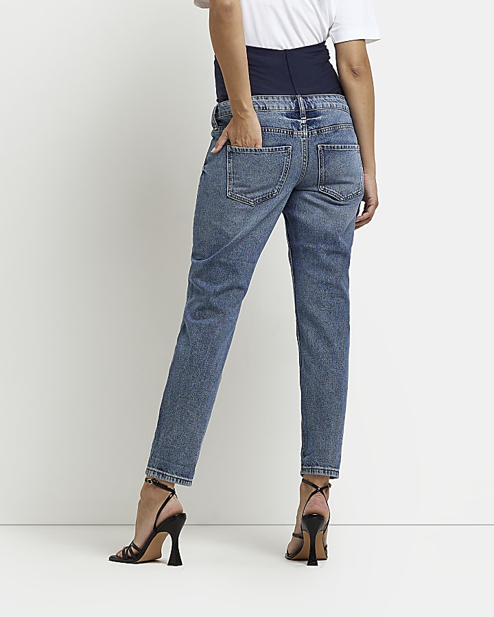 Blue mid rise maternity mom jeans