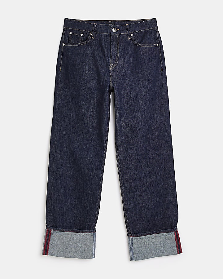 Navy denim mid rise wide leg jeans