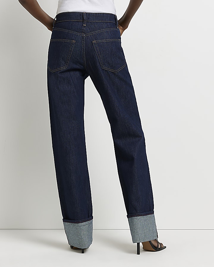 Navy denim mid rise wide leg jeans