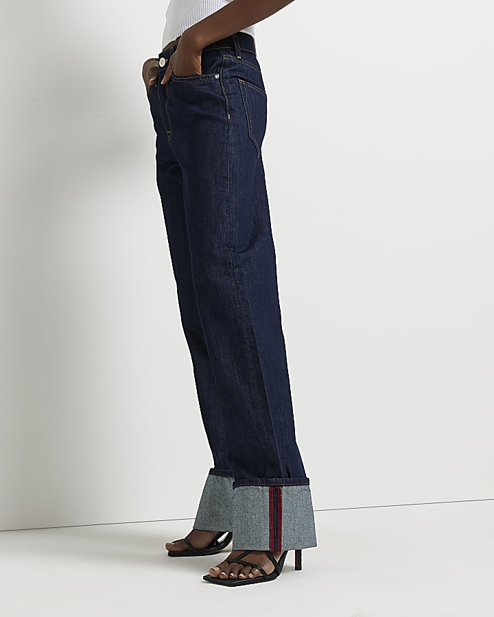 Navy denim mid rise wide leg jeans