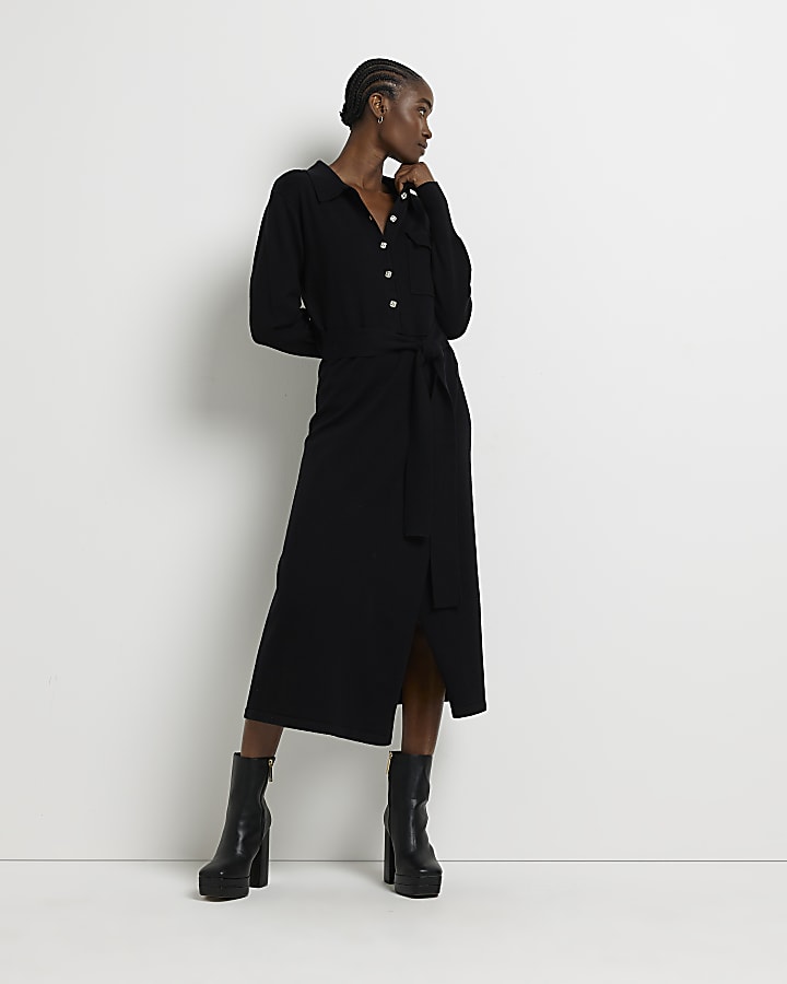 Black knit belted jumper midi dress