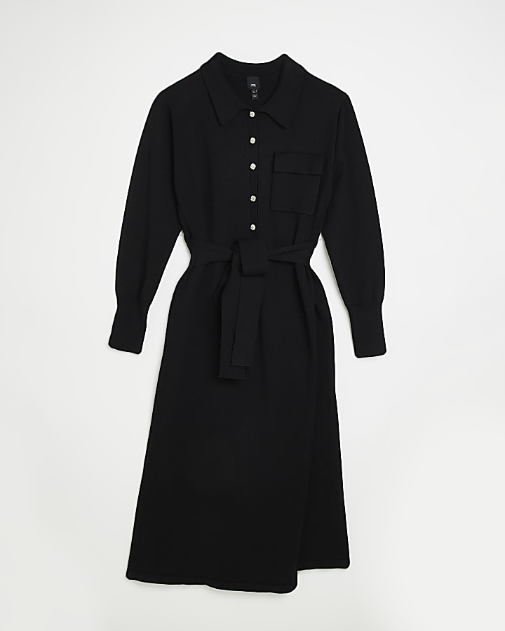 Black knit belted jumper midi dress