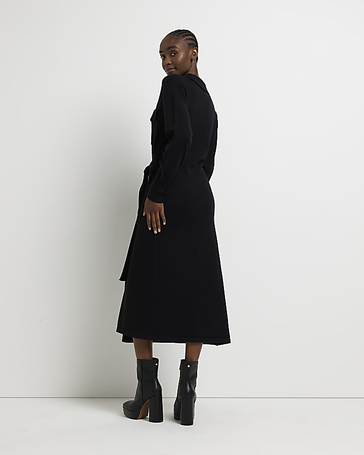 Black knit belted jumper midi dress