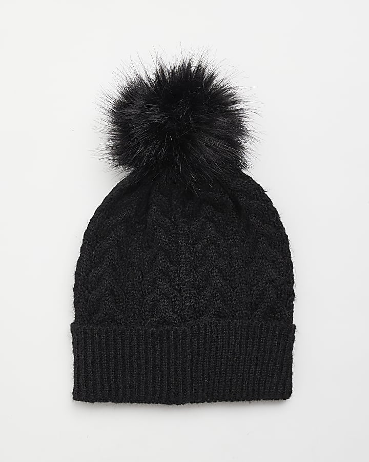 Black cable knit diamante hat