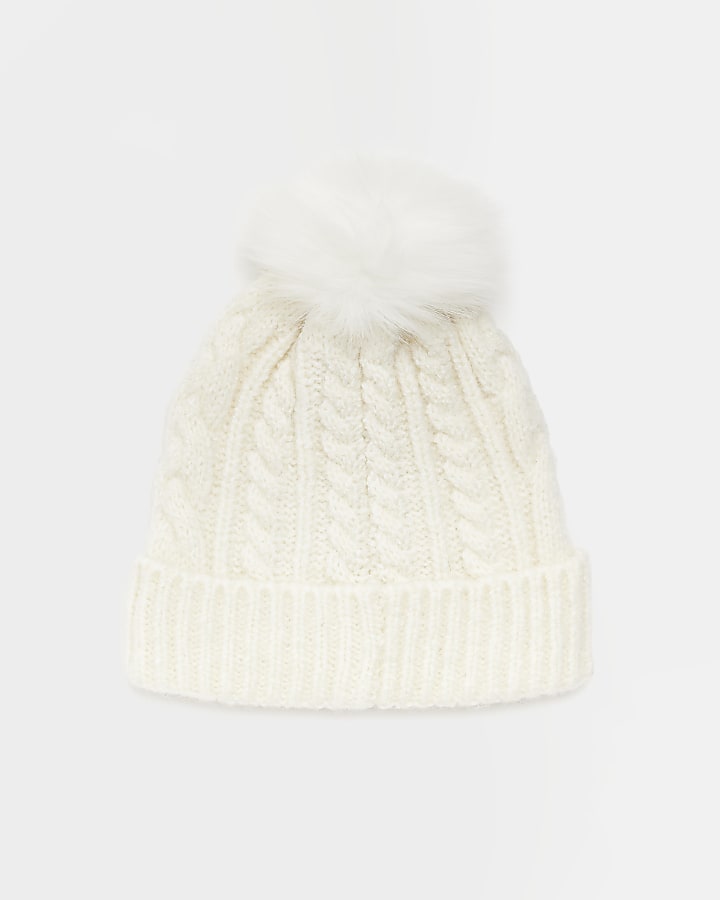 Cream pom pom cable knit beanie hat