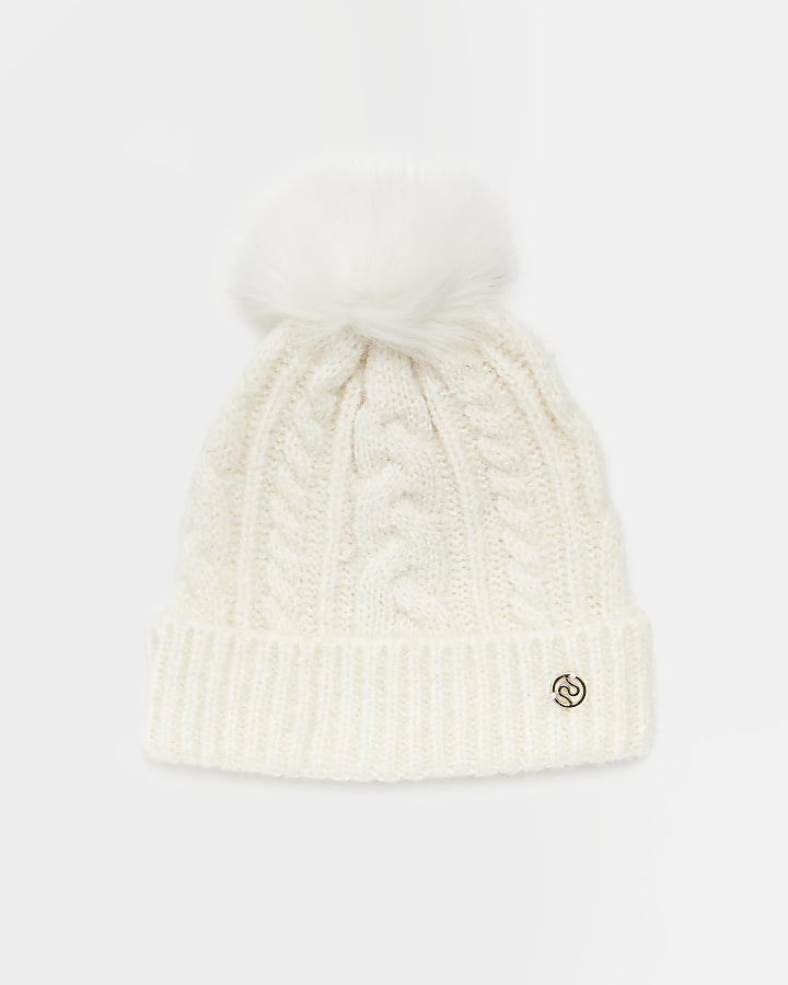 Cream pom pom cable knit beanie hat