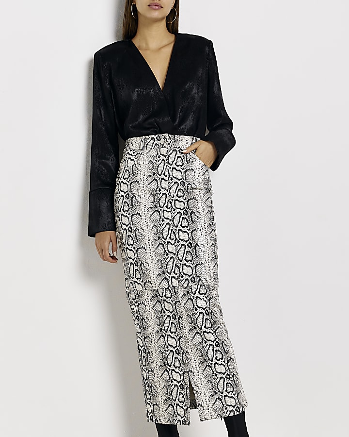 Grey animal print high waisted maxi skirt