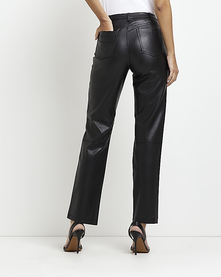 Black faux leather straight trousers