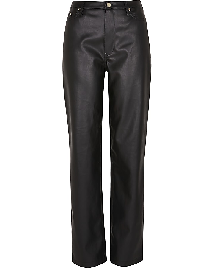 Black faux leather straight trousers