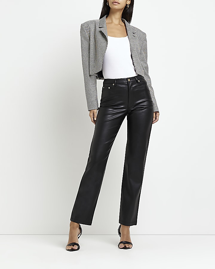 Black faux leather straight trousers