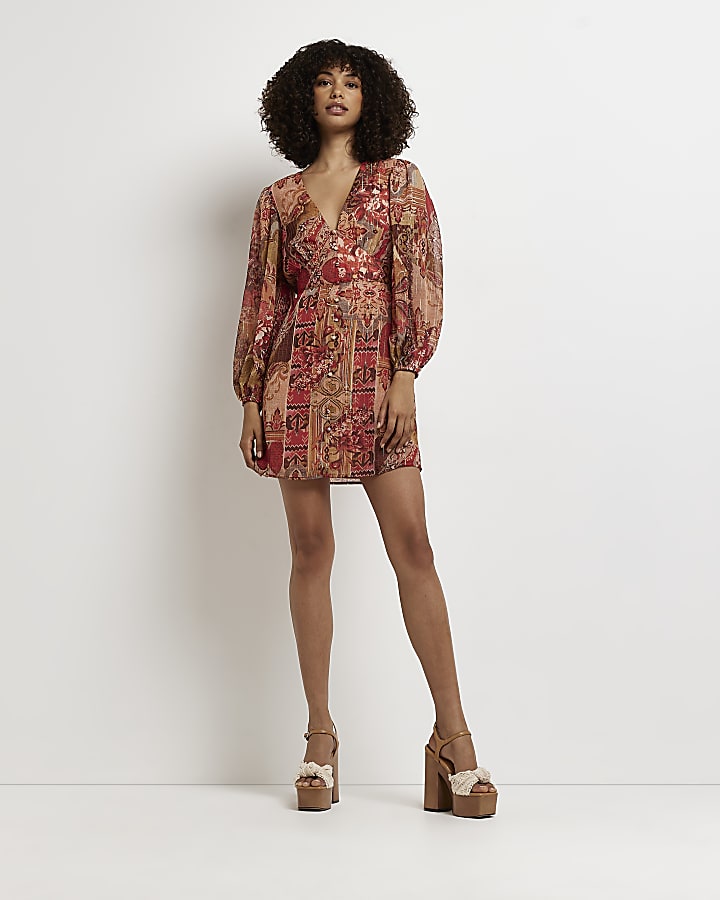 Red print mini dress