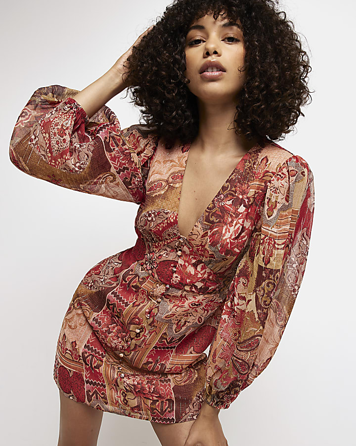 Red print mini dress