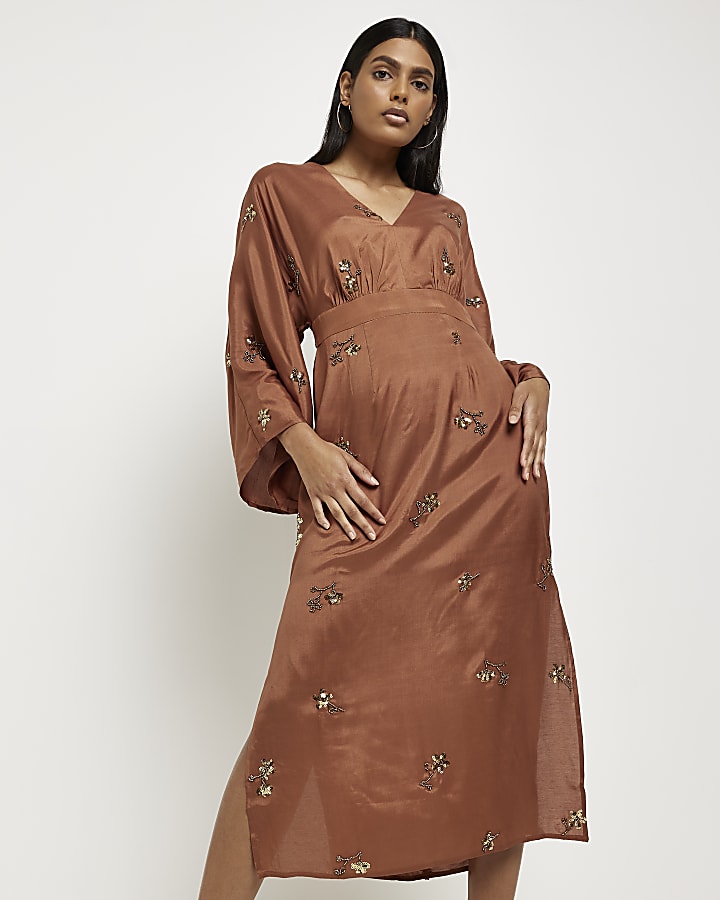 Rust satin embellished midi dress