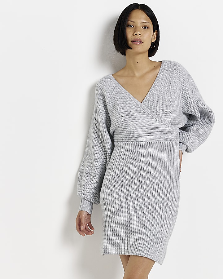 Grey knit long sleeve jumper mini dress River Island