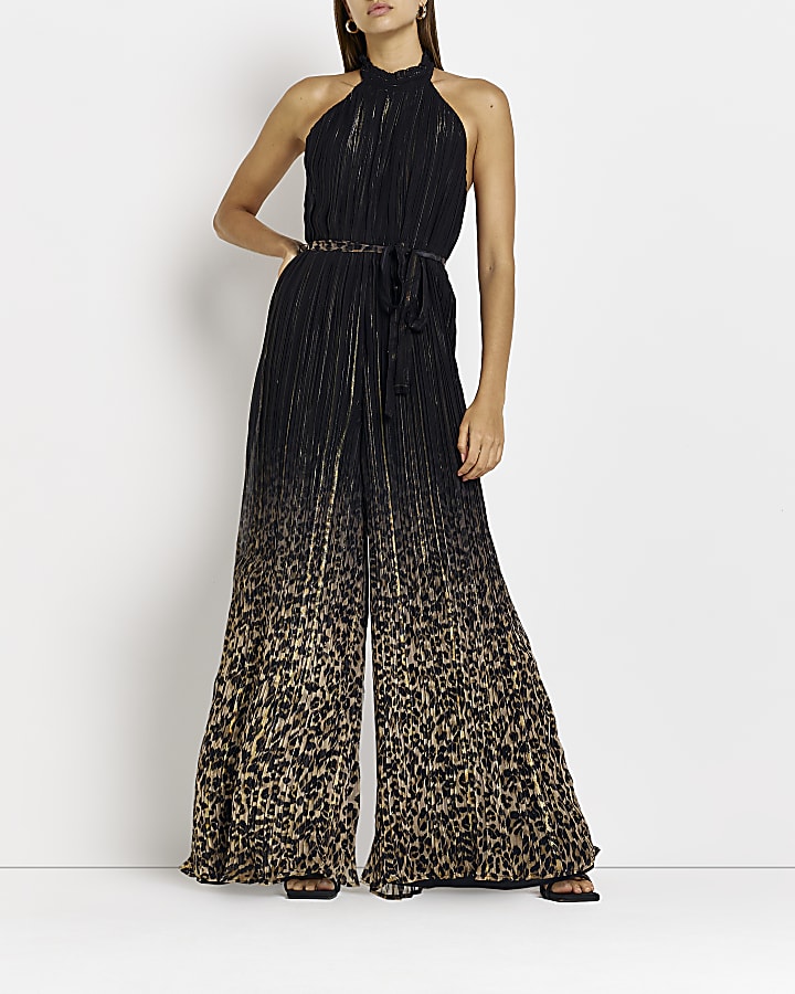 Black animal print halter neck jumpsuit River Island