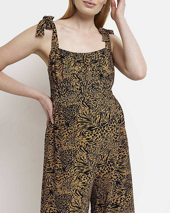 Maternity brown animal print shirred jumpsuit